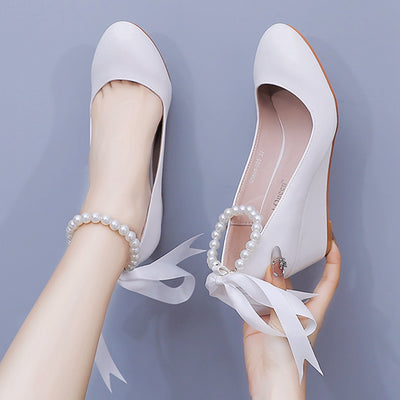 5 cm White Beaded Platform Wedge Shoes