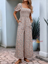 Square Collar Puff Sleeve Floral Jumpsuit