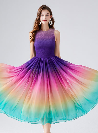 Rainbow Pleats Silm Waist Dress