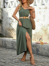 Split Solid Color Sleeveless Round Neck Long Dress