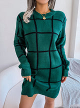 Casual Contrast Plaid Long Sleeve Sweater Dress