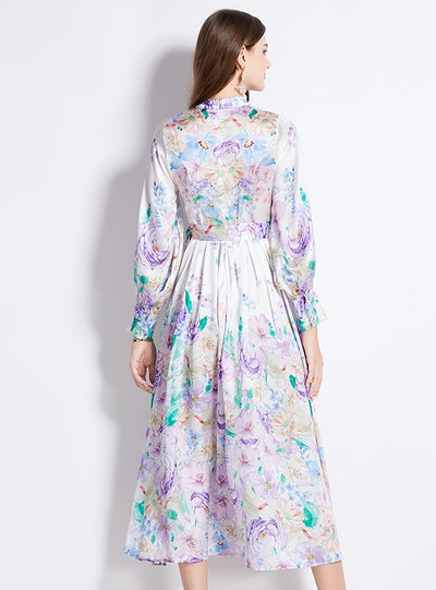 Retro Stand-up Collar Lantern Sleeve Printed Dress