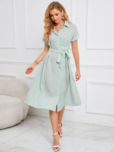 Lapel V-neck Striped Dress with Belt