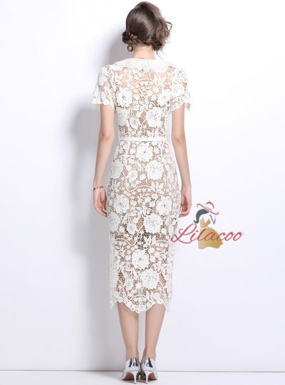 Lace Short Sleeve Lapel Slim Dress