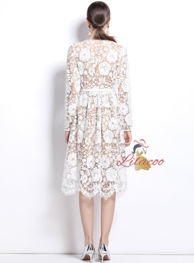 Lace Heavy Industry Beaded Short Sleeve Lapel Slim Dress