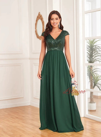 Green Chiffon Sequins V-neck Prom Dress