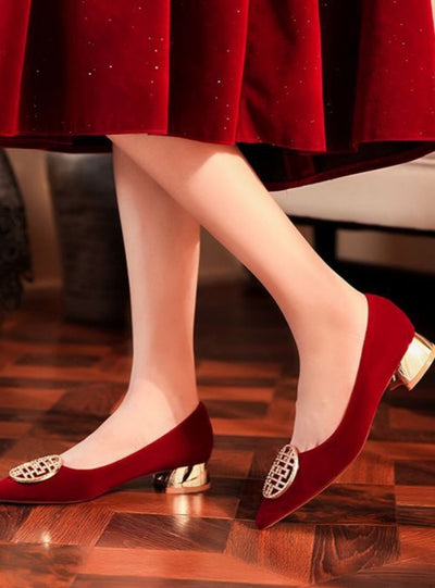 Low Heel Pointed Suede Red Shoes