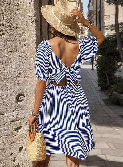 Bubble Sleeve Lapel Short Sleeve Striped Dress