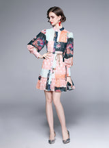 Retro Color Matching Printed Long-sleeved Dress