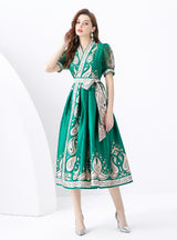 V-neck Lantern Sleeve Retro Print Dress