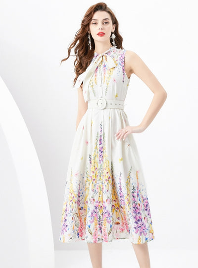 Ribbon Sleeveless Retro Print Dress