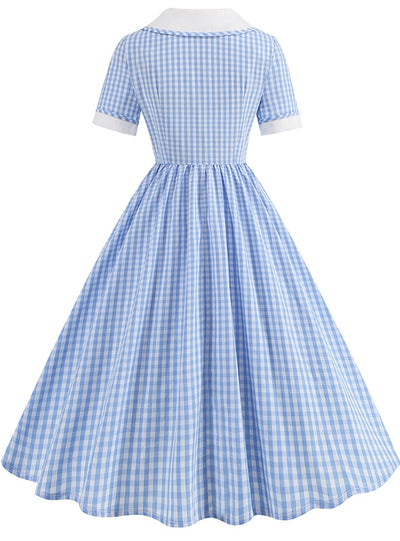 Retro Plaid Stitching Short Sleeve Button Retro Dress