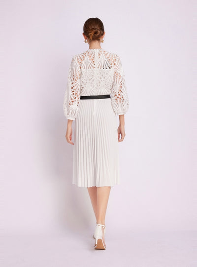 Lace Crocheted Openwork Pleated Dress with Belt