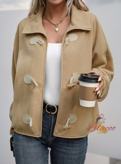 Short Loose Polar Fleece Lapel Horn Button Coat