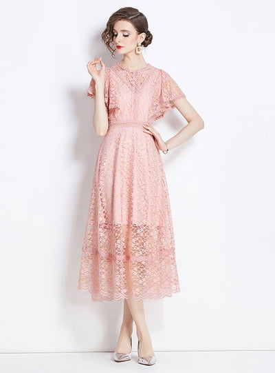 Lace Short Sleeve Slim Waist Dress