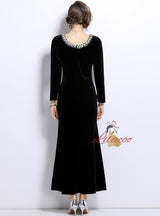 Velvet Retro Black Slim Long Sleeve Dress