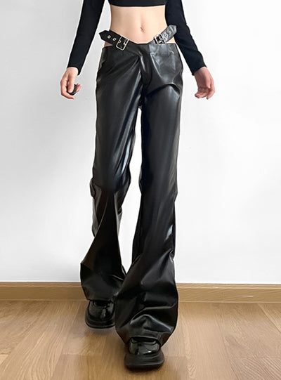 High Waist Metal Belt Pu Leather Pants