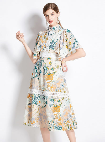 Lotus Leaf Sleeve Slim Waist Print Dress