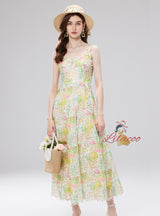 Colored Three-dimensional Flower Suspender Lace Dress