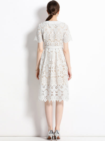 White Retro Lapel Lace Openwork Dress