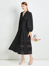 V-neck Stitching Lace Long Sleeve Dress