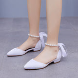 2 cm Flat-heeled Pointed White Satin Beaded Sandals