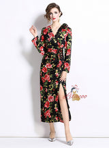 Three-dimensional Flower Split Slim Print Dress