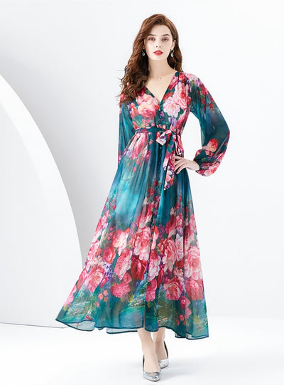 V-neck Lantern Sleeve Printed Dress