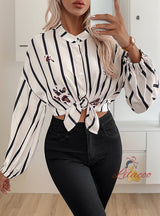 Vertical Collar Long Sleeve Striped Shirt Top