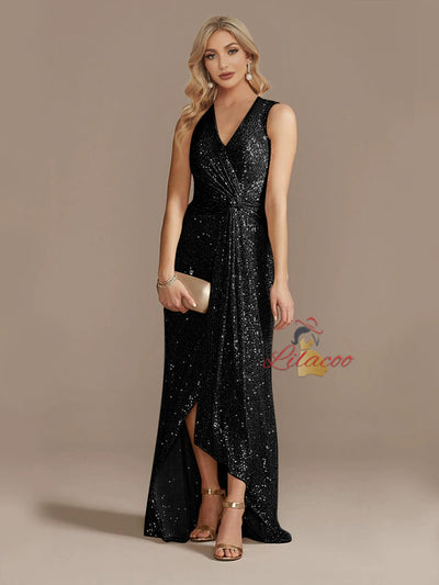 Champagne Sequins V-neck Split Prom Dress