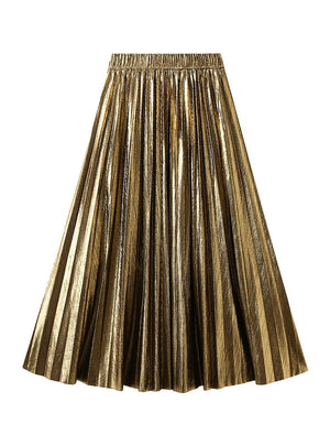 Metallic Bright Silk Long Pleated Skirt