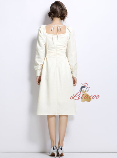 Nail Drill Beige Bubble Sleeve Silm Waist Dress