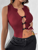 Sexy Slim Sleeveless Buckle Hollow T-shirt