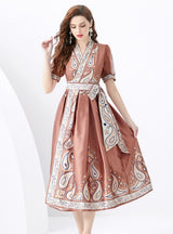 V-neck Lantern Sleeve Retro Print Dress