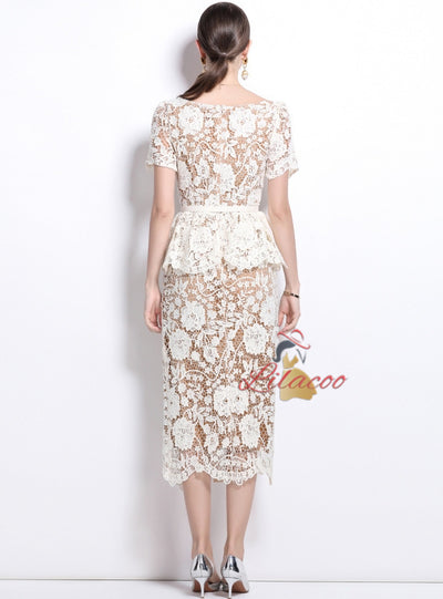 Lapel Short Sleeve Lace Slim Waist Dress