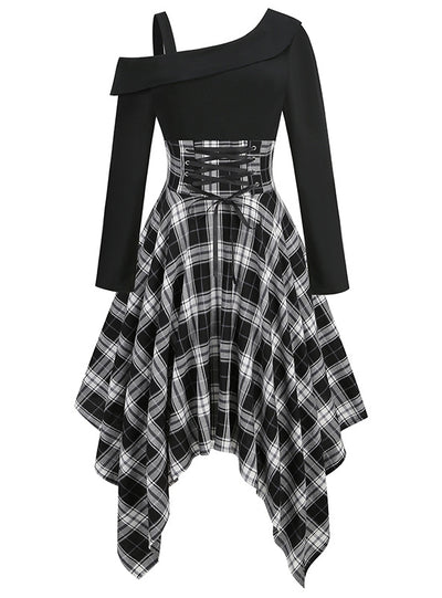 Irregular Plaid Long Sleeve Stitching Dress