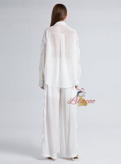 Lace Flower Long Sleeve Shirt+High Waist Lace Pant Suit