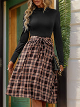 Stand-up Collar Slim Plaid Dress