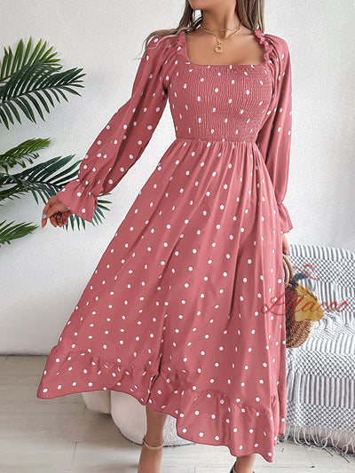 Leisure Square Neck Polka-dot Long Dress