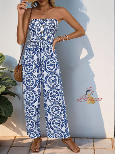 Fashion Blue Printed Elastic Waist Jumpsuit