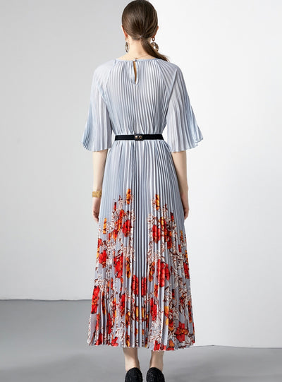 Pleated Belt Printed Dress