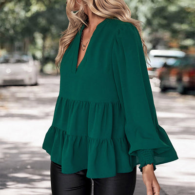 Long Sleeve Ruffled Top V-neck Shirt