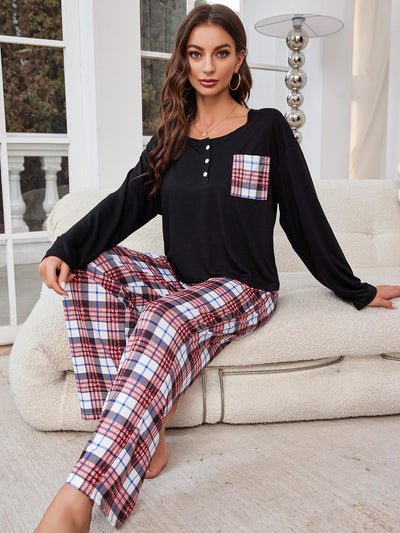 Casual Plaid Trousers Long-sleeved Pajamas