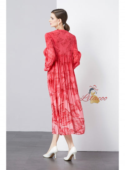 Butterfly Printed Pleated Loose Dress