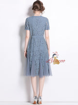 Lace Stitching Mesh Button V-neck Dress