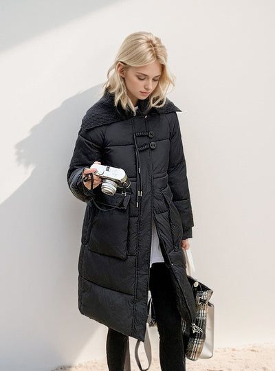 Medium and Long Slim Cotton-padded Horn Buckle Coat