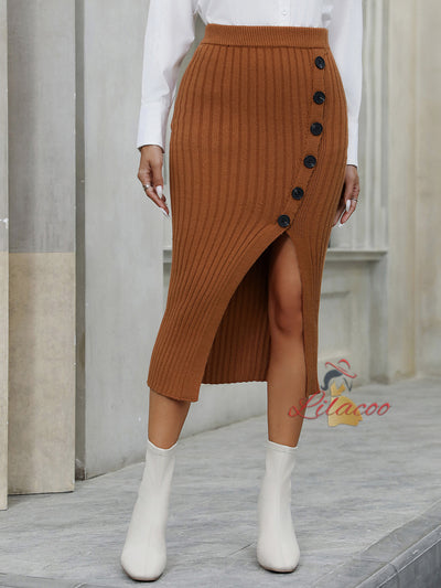 Casual Knitted Button Split Skirt