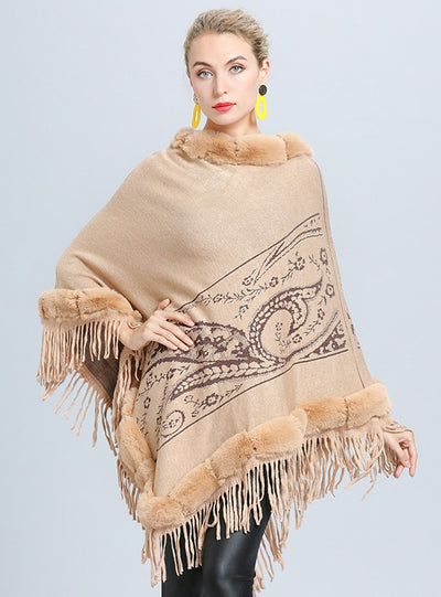 Fur Collar Jacquard Cloak Fringed Shawl