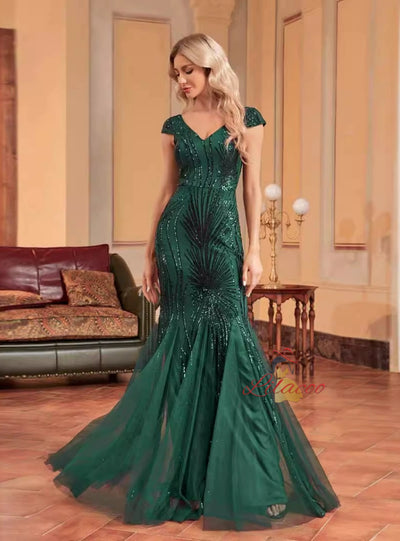 Dark Green Mermaid Sequins V-neck Prom Dress