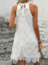 Women Sleeveless Halter White Dress